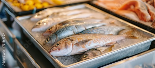 A tray of fish, a delicious seafood ingredient, is stored on ice in the fridge. Perfect for cooking a flavorful fish dish or adding to recipes.