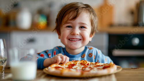 A smiling child in casual clothing is joyfully eating a slice of pizza  with a glass of milk on the table in a home kitchen setting.