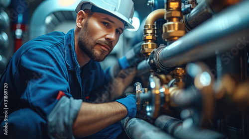 Plumber working near metal pipes indoor  professional occupation. Generative AI.