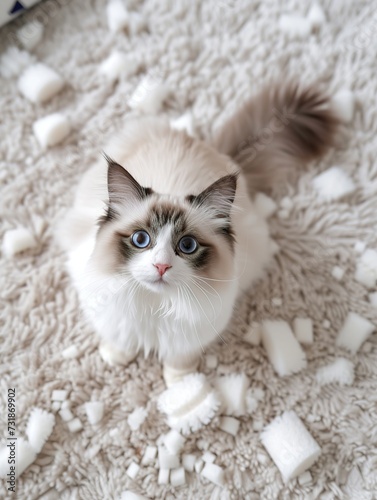 top view illustration of a ragdoll cat looks up with innocent eyes