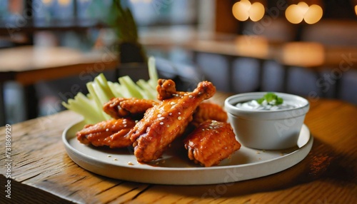 Wallpaper Mural Chicken wings coated in a spicy sauce, served with celery and sauce on plate. Tasty restaurant food Torontodigital.ca