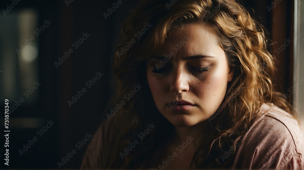 Depressed overweight woman looking down from Generative AI