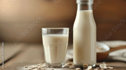 A glass of milk with a glass bottle. Generative AI.