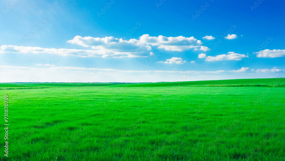 Fototapeta premium meadow, grassland, landscape,agriculture,lawn, field, sky, cloud, flower, nature, spring,Background image of a vast green field under a bright blue sky. bright green grass Receives light well The ba