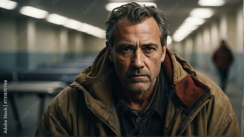 Lonely middle aged man looking sad at the camera on a homeless shelter from Generative AI Lonely middle aged man looking sad at the camera on a homeless shelter from Generative AI