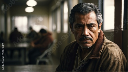 Lonely middle aged hispanic man looking sad at the camera on a homeless shelter from Generative AI