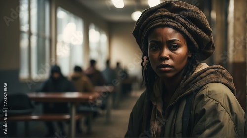 Lonely young black african woman looking sad at the camera on a homeless shelter from Generative AI
