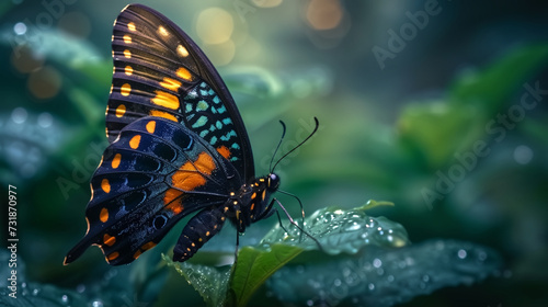 A stunning Black Swallowtail butterfly with vibrant orange and blue markings perches gracefully on the wet leaves of a plant.