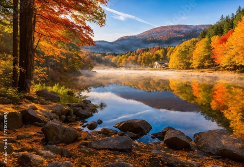 Nature Background in Autumn Season, Trees, River, Mountain, Countryside, Farm.