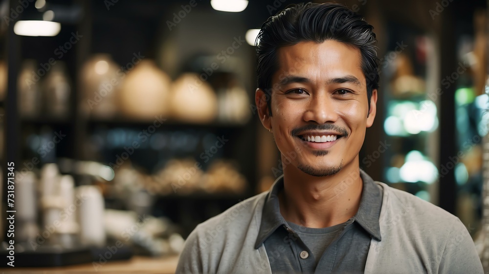 Portait of a smiling confident retail store owner asian man looking at camera from Generative AI