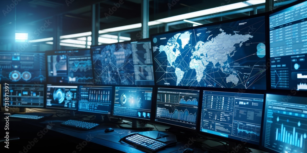 High tech workspace with multiple screens displaying analytical data and global network connectivity. High tech workspace with multiple screens displaying analytical data and global network connectivity.