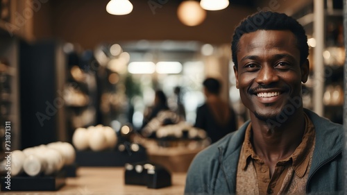Portait of a smiling confident retail store owner black african man looking at camera from Generative AI photo
