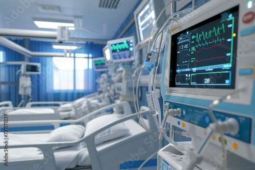 Hospital room with advanced medical equipment and digital monitoring interfaces.
