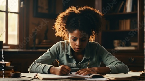 Portait of a stressed black african teenager girl doing homework from Generative AI photo
