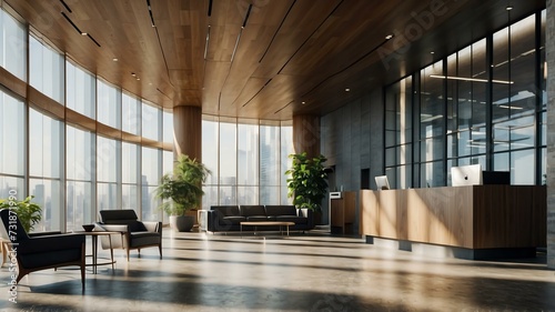 Reception area of a professional office space building with sunlight rays from Generative AI
