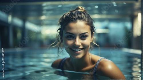 Young beautiful woman swimming in pool smiling at camera from Generative AI