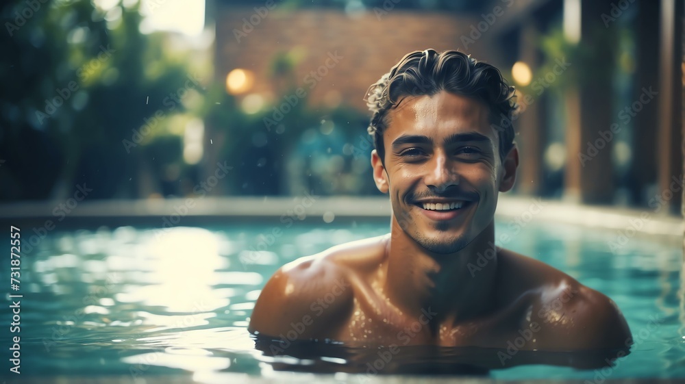 Young handsome man swimming in pool smiling at camera from Generative AI