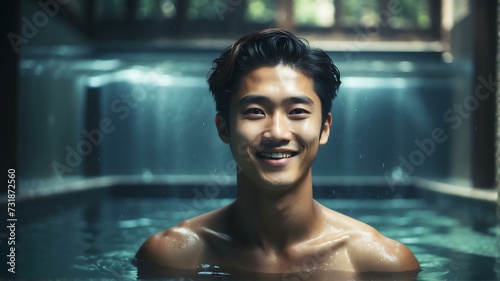 Young handsome korean man swimming in pool smiling at camera from Generative AI