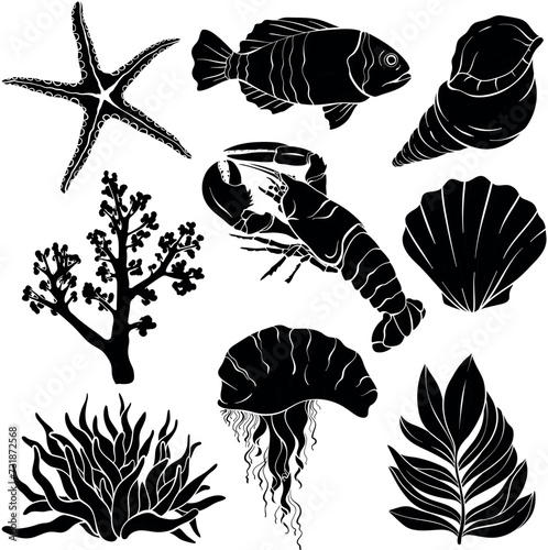 Vector sea creatures Silhouettes set.