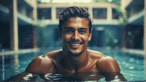 Young handsome man swimming in pool smiling at camera from Generative AI