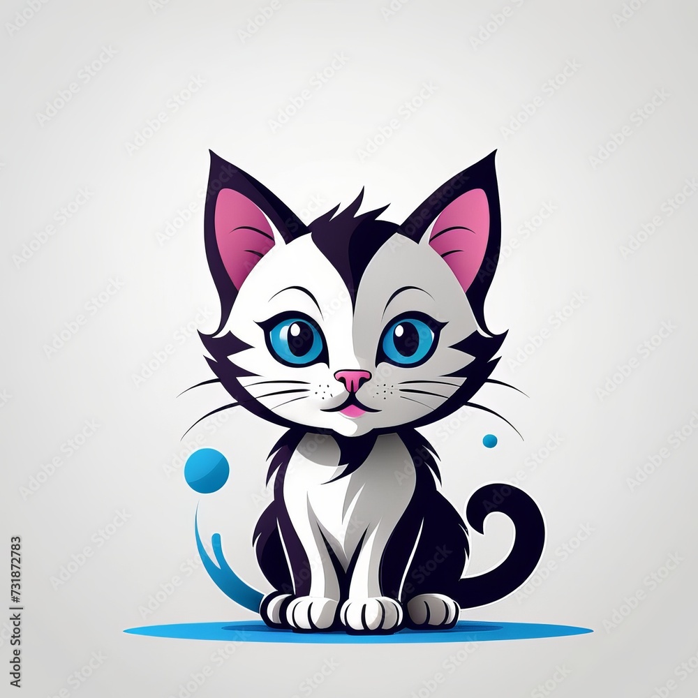 Playful Cartoon Cat Logo with Blue Eyes and Black and White Fur