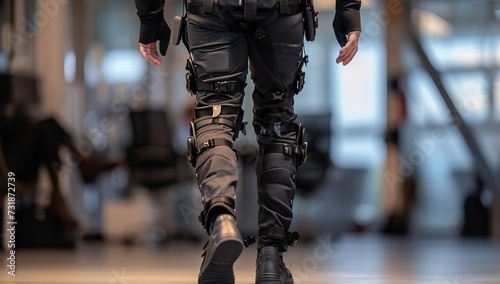 Man in black military uniform and bulletproof vest walking indoors