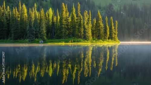 Mountain lake with coniferous forest in the morning light.