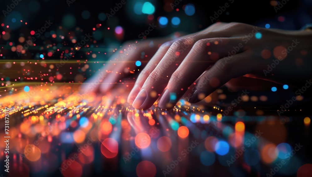 Close up of human hands using digital tablet with colorful bokeh