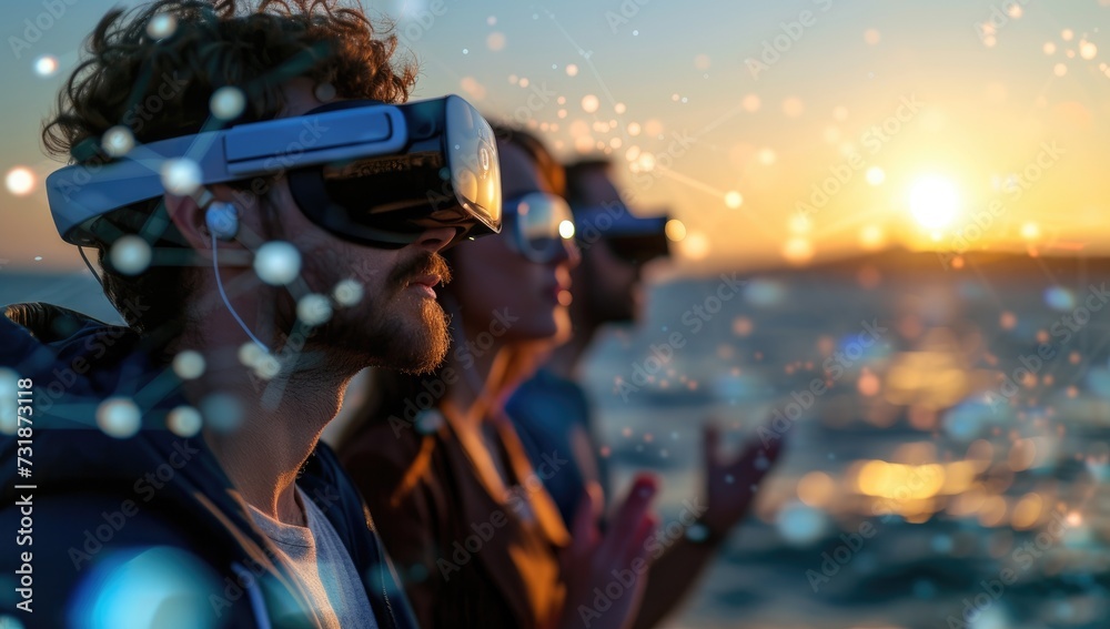 Low angle view of young couple using virtual reality headset against sunset over sea Low angle view of young couple using virtual reality headset against sunset over sea