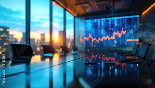 Business conference room with panoramic city view and stock market chart photo