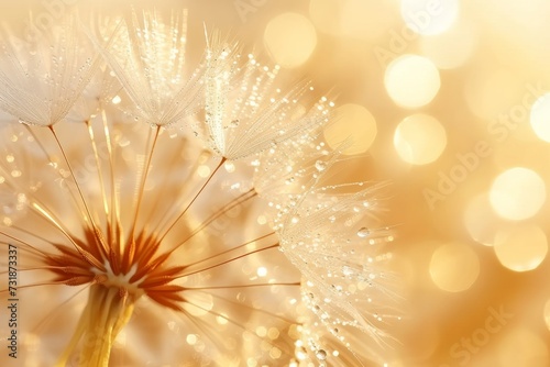 close up shot of white dandelion with golden background