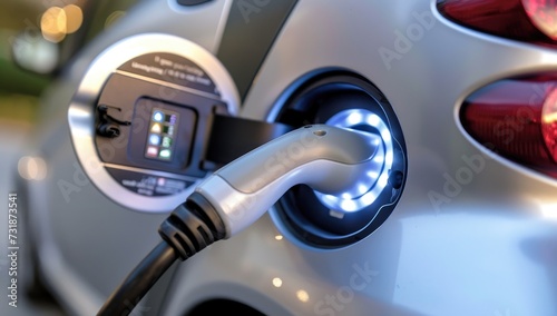 Electric car charging at a station with illuminated plug