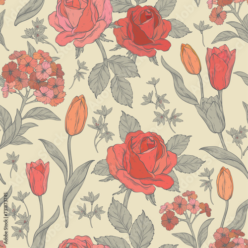 classic vintage pattern. Roses and tulips