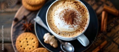 A coffee cup containing cappuccino sits on a saucer alongside cookies and cinnamon sticks.