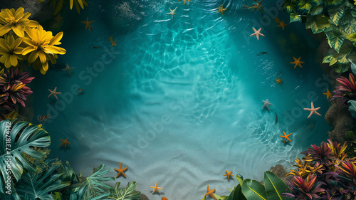 Tropical turquoise lagoon background with star fishes and tropical fishes framed by tropical lush vegetation and plants. 