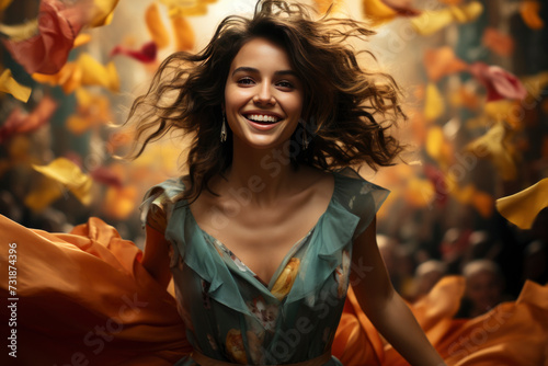 Beautiful girl on the blurred background. happiness, freedom, relaxation, inner balance concept.