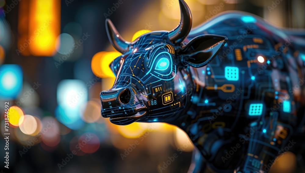 Futuristic digital bull symbolizing financial market trends