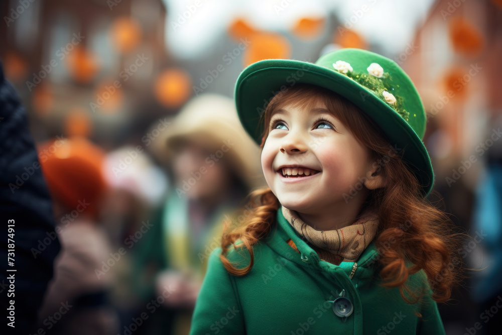 Cheerful young girl enjoying St Patricks Day parade Cheerful young girl enjoying St Patricks Day parade
