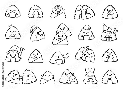 Cute kawaii onigiri. Coloring Page. Funny sushi cartoon character. Asian rice and nori food. Hand drawn style. Vector drawing. Collection of design elements.