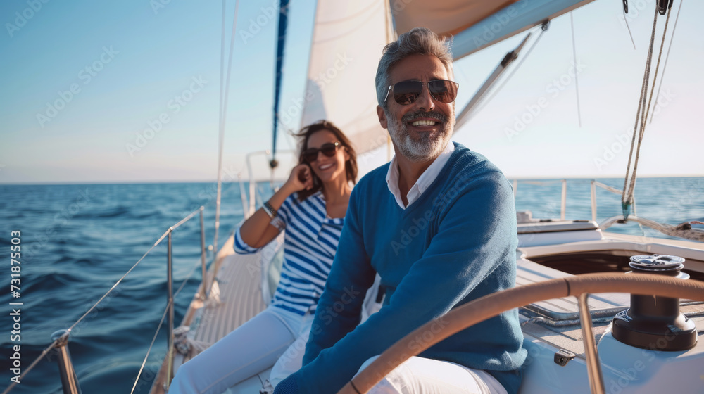 A smiling couple in casual attire and sunglasses enjoying a relaxing day on a yacht with a clear blue ocean in the background. A smiling couple in casual attire and sunglasses enjoying a relaxing day on a yacht with a clear blue ocean in the background.