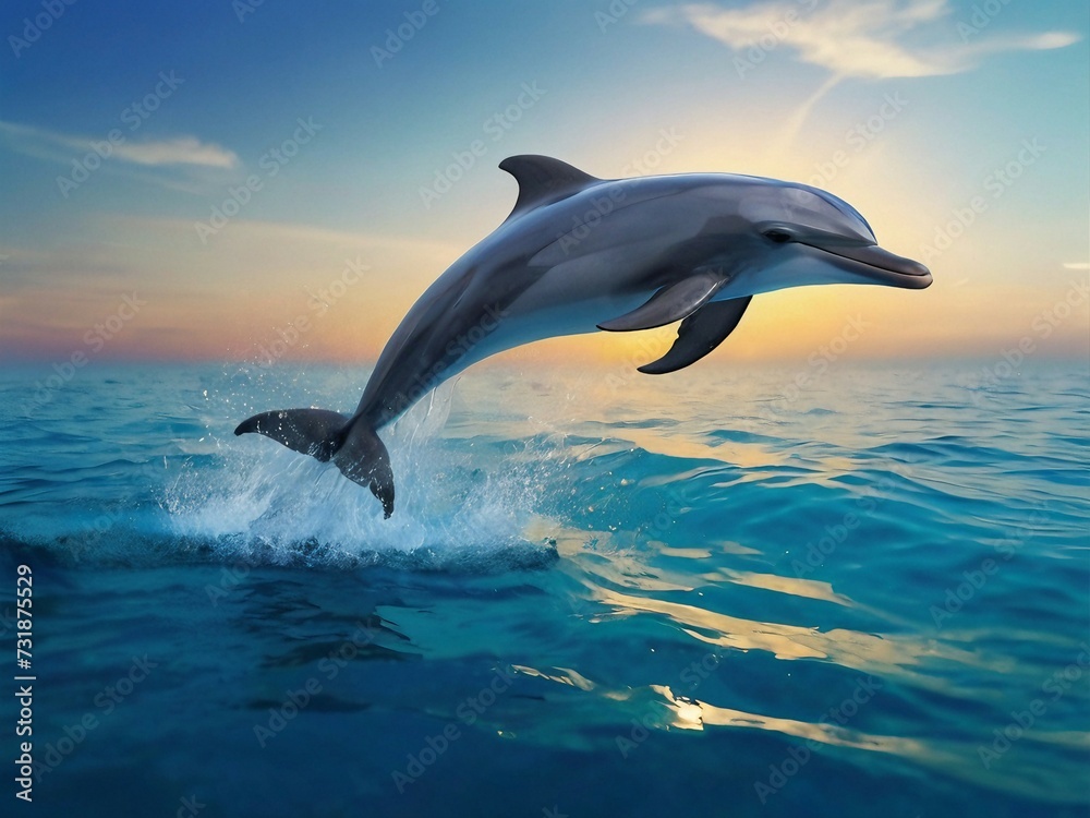 Fototapeta premium A cute dolphin playing on the sea water scene, day time, sunshine effect, nice looking, enjoy moment.