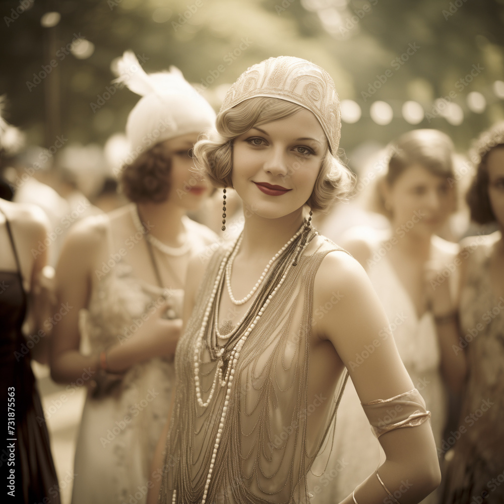 Naklejka premium photo of a 1920s flapper woman wearing a feather hat at a gatsby lawn party