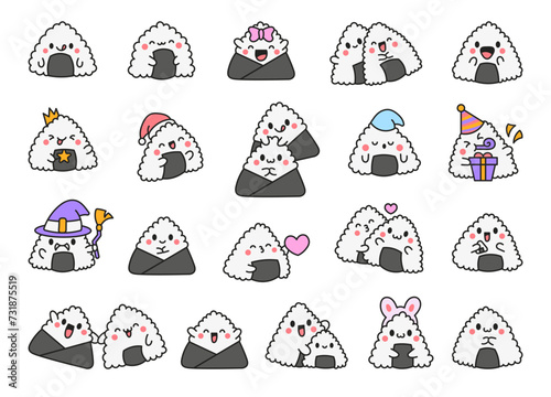 Cute kawaii onigiri. Funny sushi cartoon character. Asian rice and nori food. Hand drawn style. Vector drawing. Collection of design elements.