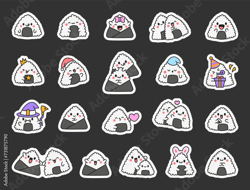 Cute kawaii onigiri. Sticker Bookmark. Funny sushi cartoon character. Asian rice and nori food. Hand drawn style. Vector drawing. Collection of design elements.