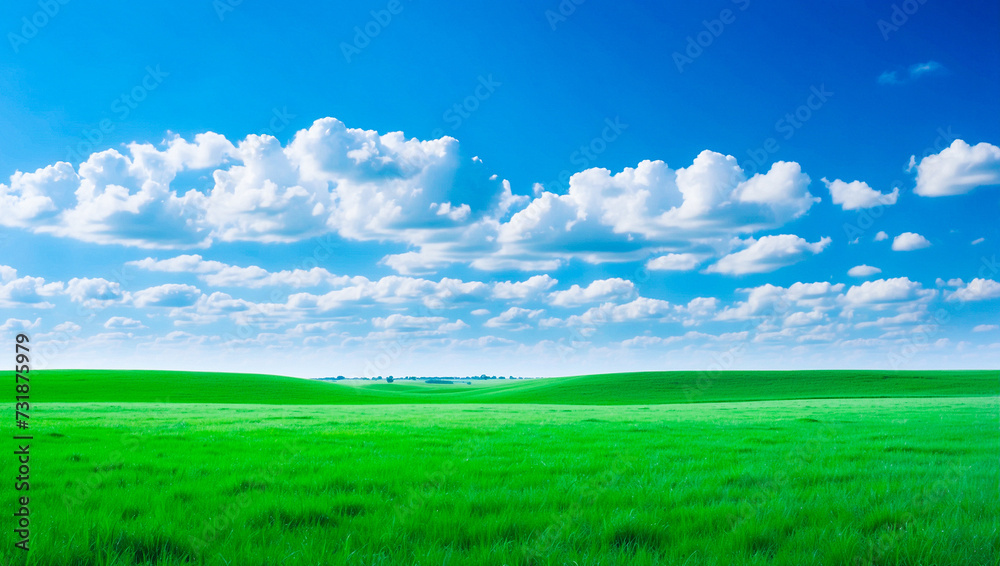 meadow, grassland, landscape,agriculture,lawn, field,  sky, cloud,  flower, nature, spring,Background image of a vast green field under a bright blue sky. bright green grass Receives light well The ba