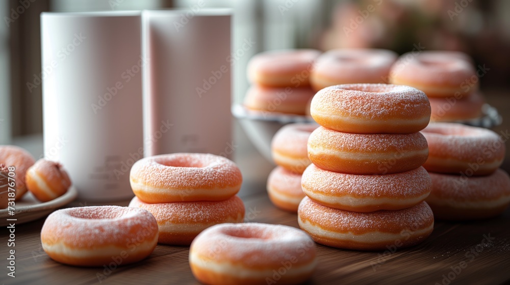 a stacked pile of donuts on a table top, soft mist, smooth and polished, crisp and clean look
