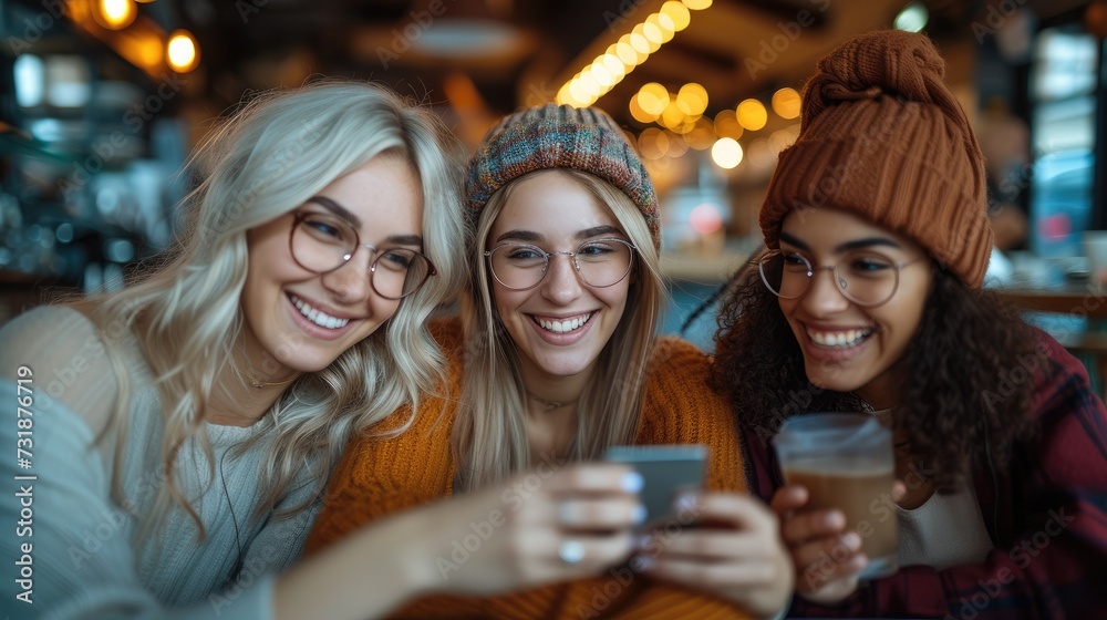 Group of European women are sitting next to each other in a cafe and are looking at one mobile phone, smiling. Generative AI.