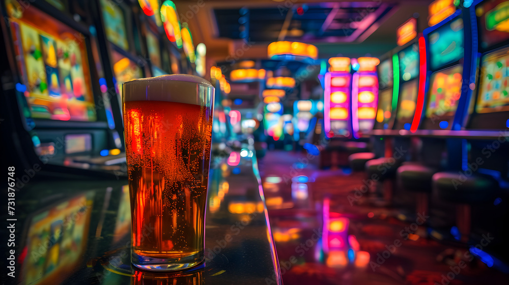Cinematic wide angle photograph of a beer pint glass in a casino slot machines. Product photography. Advertising. - obrazy, fototapety, plakaty 