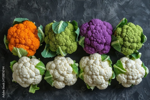 Variety of Cauliflower in Green, White, Orange, and Purple, Array of colorful cauliflowers including green, white, orange, and purple varieties on a dark slate background.