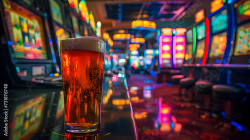 Cinematic wide angle photograph of a beer pint glass in a casino slot machines. Product photography. Advertising.